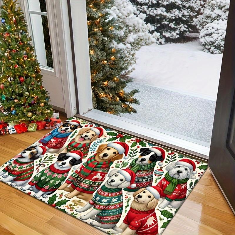 Christmas Dog Doormat Festive Flannel Rug, Non-Slip Low Pile Sponge Machine Washable Door Carpet for Home Decor