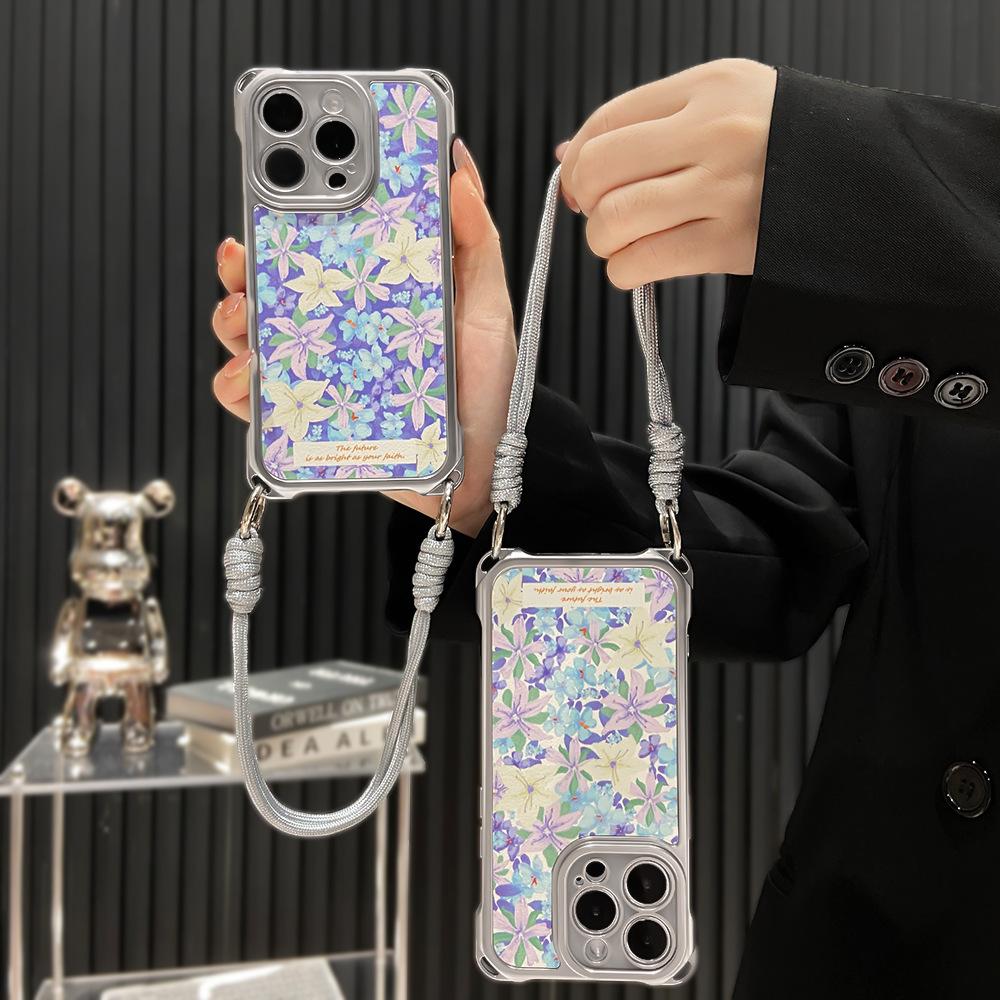 Suitable for iPhone 16Pro Mobile Phone Case Niche Advanced Full Screen Purple Flower Messenger Lanyard Apple 15 Protective Case