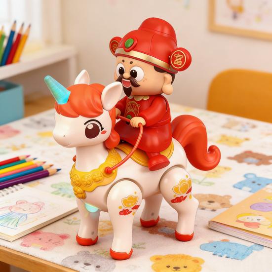 Electric God of Wealth Toy with Music LED Light Cartoon Riding Horse Fortune God Toy with Movable Joints Spring Festival New Year Gift