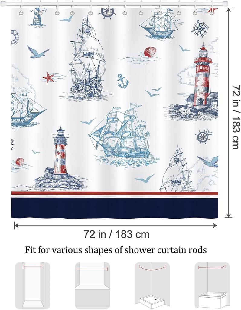 Nautical Theme Coast Sailing Lighthouse Blue Ocean Waterproof Washable Shower Curtain with 12 Hooks Bathroom Shower Curtain