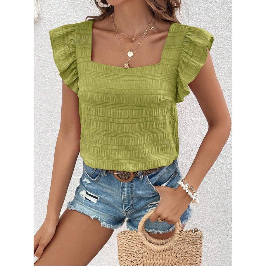 Damen T-Shirt Sommer Casual Kurzarm Frühling und Sommer Neu Eckiger Kragen Rüschenhemd Top