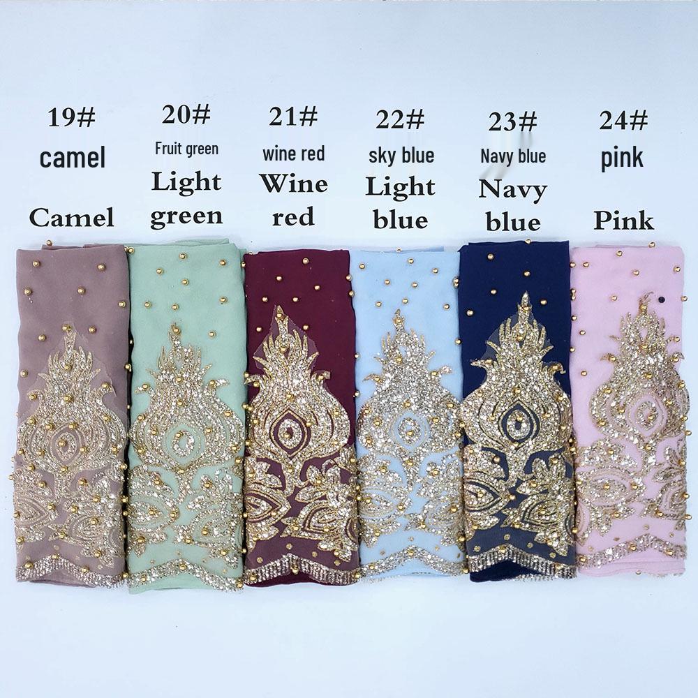 Šifonový šátek na hlavu s korálky a kamínky: Prodyšná ochrana proti slunci muslimský šátek v etnickém stylu