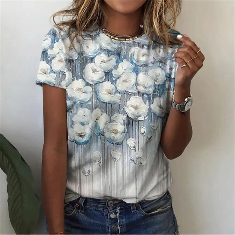 Summer Flower Pattern 3D Printed T-shirt for Women, Round Neck Short Sleeved Casual T-shirt, Harajuku T-shirt, Y2k Top, Women's Clothing