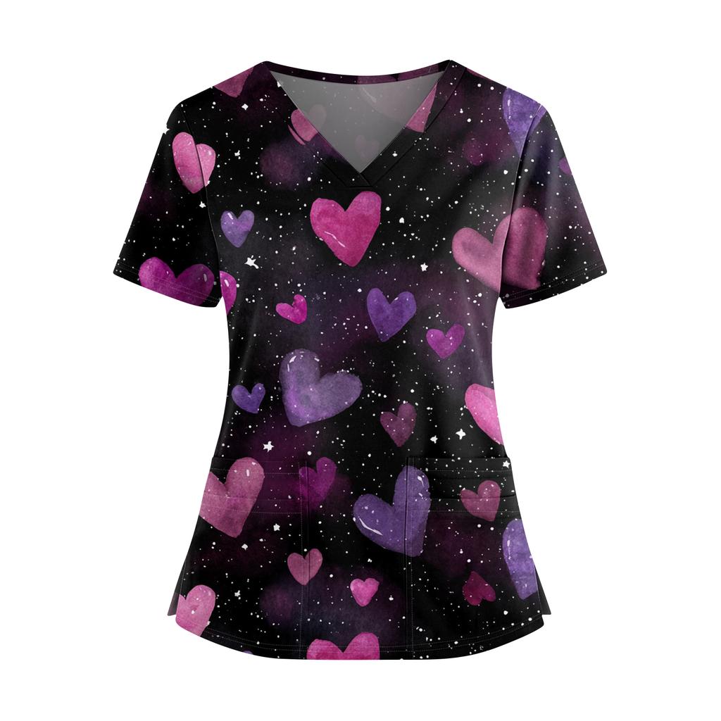 Women's Valentine's Day  Printed V-Neck Double Pocket Short Sleeves Hem Slit  Uniform Caregiver Top