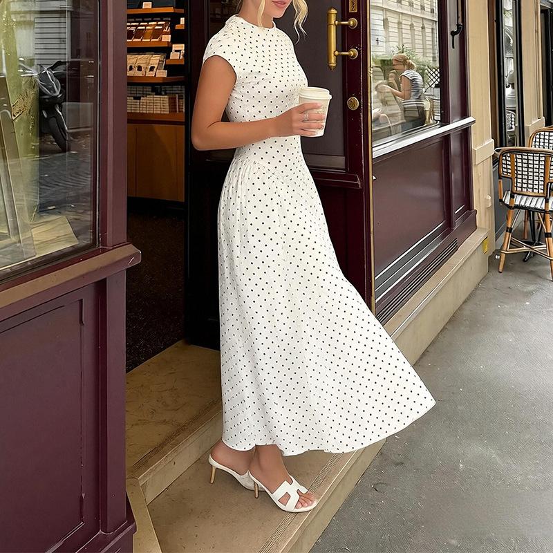 European and American Women's Clothing, New Spring Models, French Polka Dot Round Neck Waist and Thin Pendulum Dress