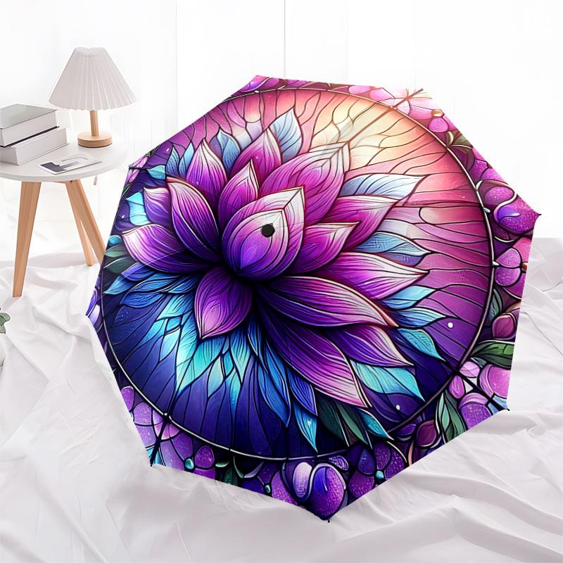 1pc Stained Glass Lotus Flower Automatic Folding Umbrella - Portable 3-Fold Design, 8-Rib Iron Frame Outdoor Umbrella, Ideal Gift for Fans, Travelers,