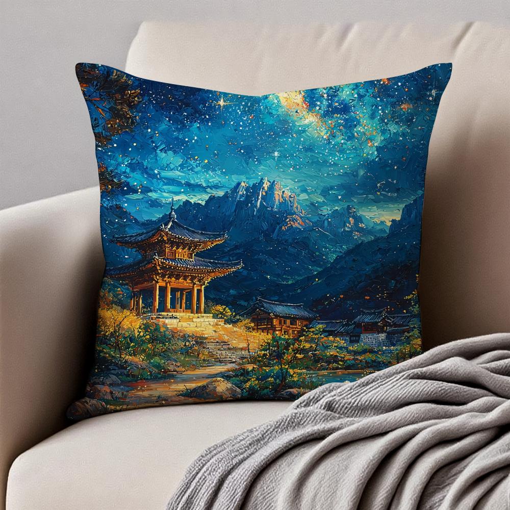 Historic Korean Landmark FFoguo Temple Cushion Cover Pillowcase Antidustmite Invisible Zipper Short Plush Sofa Cushion