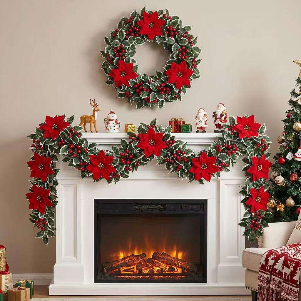 Christmas Red Berry Vine Greenery with Artificial Flowers for Holiday Decor