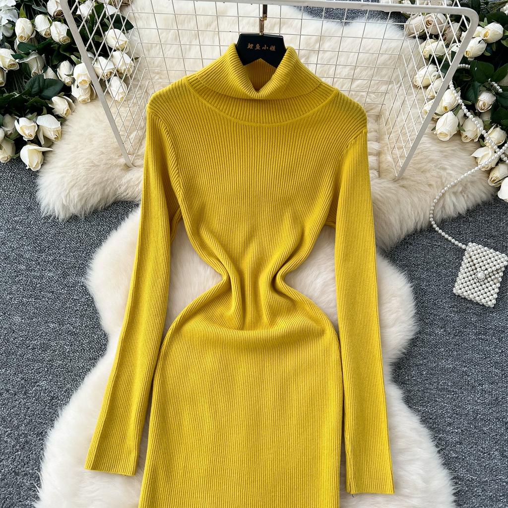 Jesień Zima Kobiety Elegancki Golf Długi Rękaw Dzianinowy Sweter Pulower Długie Sukienki Maxi Syrenka na Imprezę