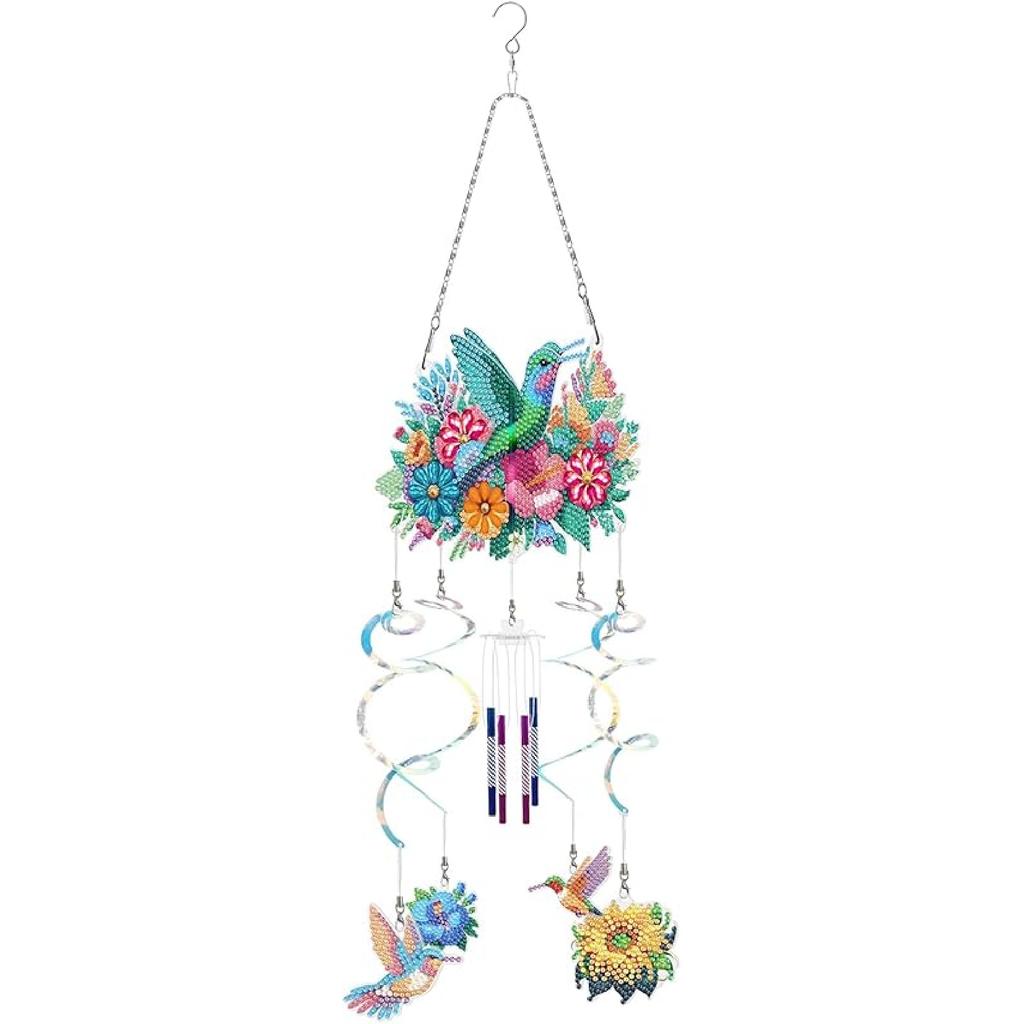 Generic DIY Dotted Diamond Art Painting Wind Chime Kit, Three-Dimensional Sun Catchers Diamonds Dot Paintings Hanging Ornaments, for Spring Garden