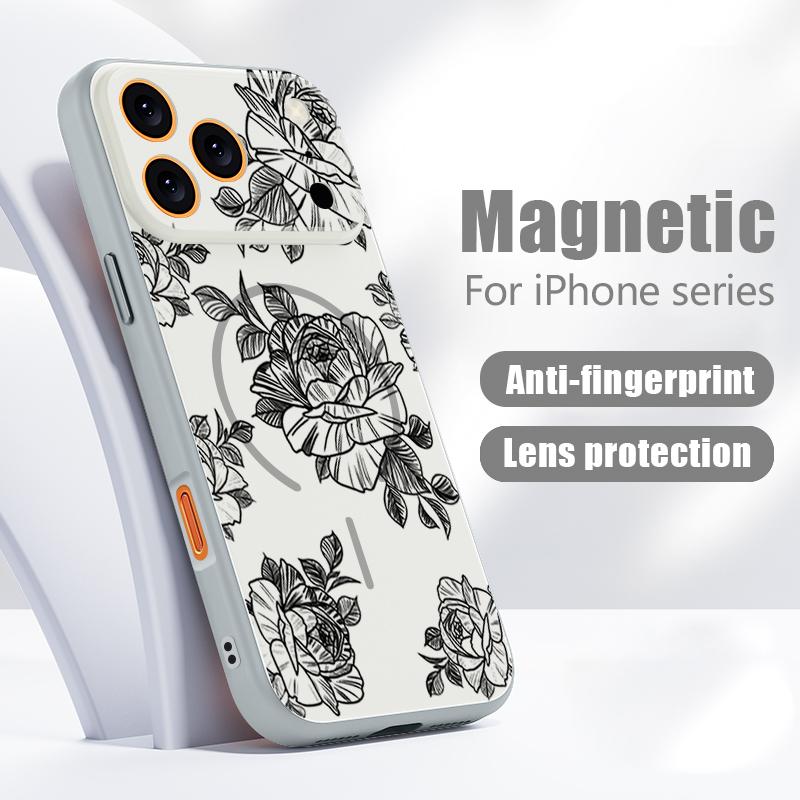 Case For iPhone 17 Pro Max Sketching Rose Flower Pattern Magnetic For Magsafe Hybrid Slim Matte Cover For iPhone 16 15 14 13 Pro Max