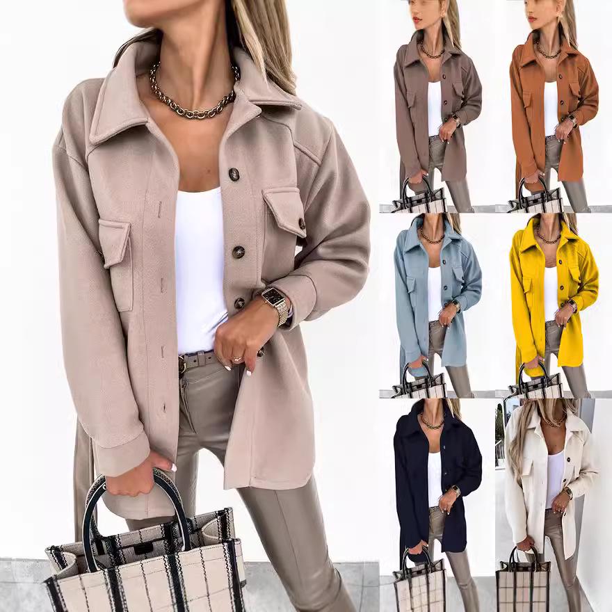 2024 Women's European and American Lapel Single-Breasted Thick Woolen Coat for Autumn and Winter