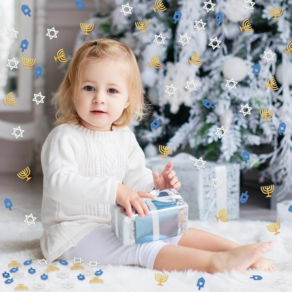 Whaline 300Pcs Hanukkah Table Confetti Menorah Star Dreidel Shaped Glitter Confetti Blue Gold Silver Table Centerpiece For Chanukah Party Decoration
