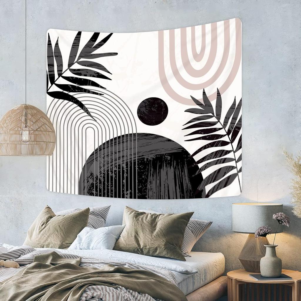 Abstract Black Boho Mid Century Tapestry Modern Aesthetic Minimalist Wall Hanging Sun Leaves Pink Arch Neutral Contemporary