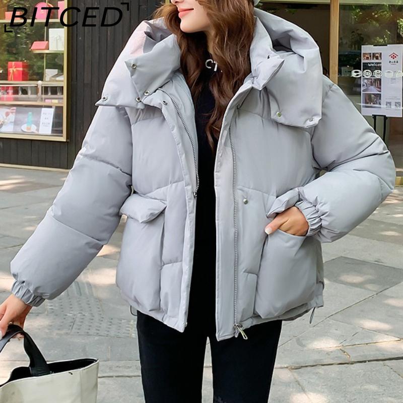 BITCED Women's Loose-Fit Puffer Jacket with Hood - Short-Length Thickened Winter Coat