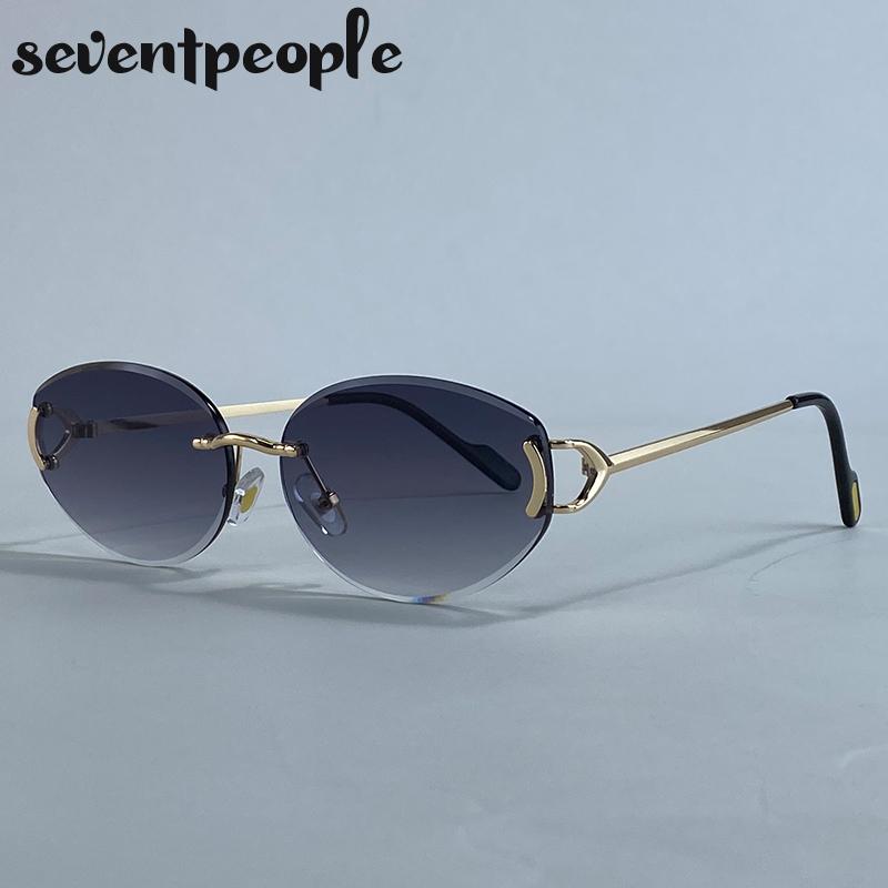 Small Frame Oval Frameless Sunglasses Women  Luxury Brand Vintage Metal Punk Sun Glasses For Ladies Trendy Outdoor Shades