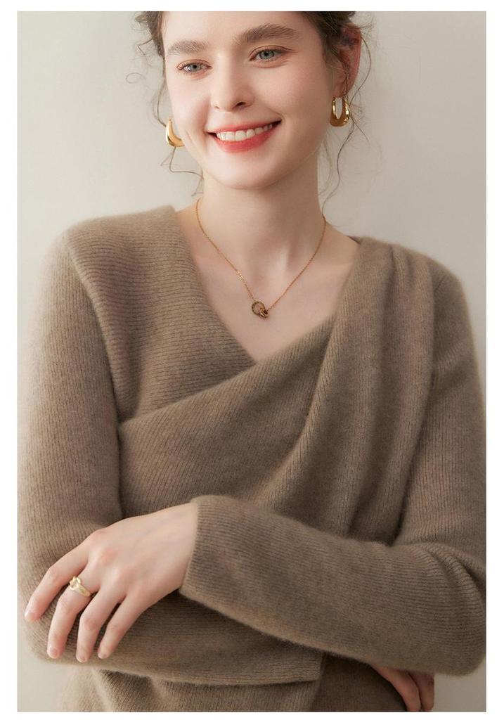 Women's Cashmere Knit Pullover - Slimming, Soft, Skin-Friendly, Twelve-Needle Solid Color Design