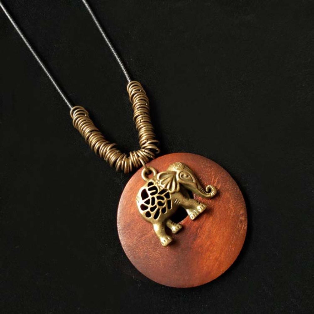 Retro Ethnischer Runder Holzblatt Eule Lange Pullover Kette Halskette Damen Uhr Anhänger Damen Schmuck