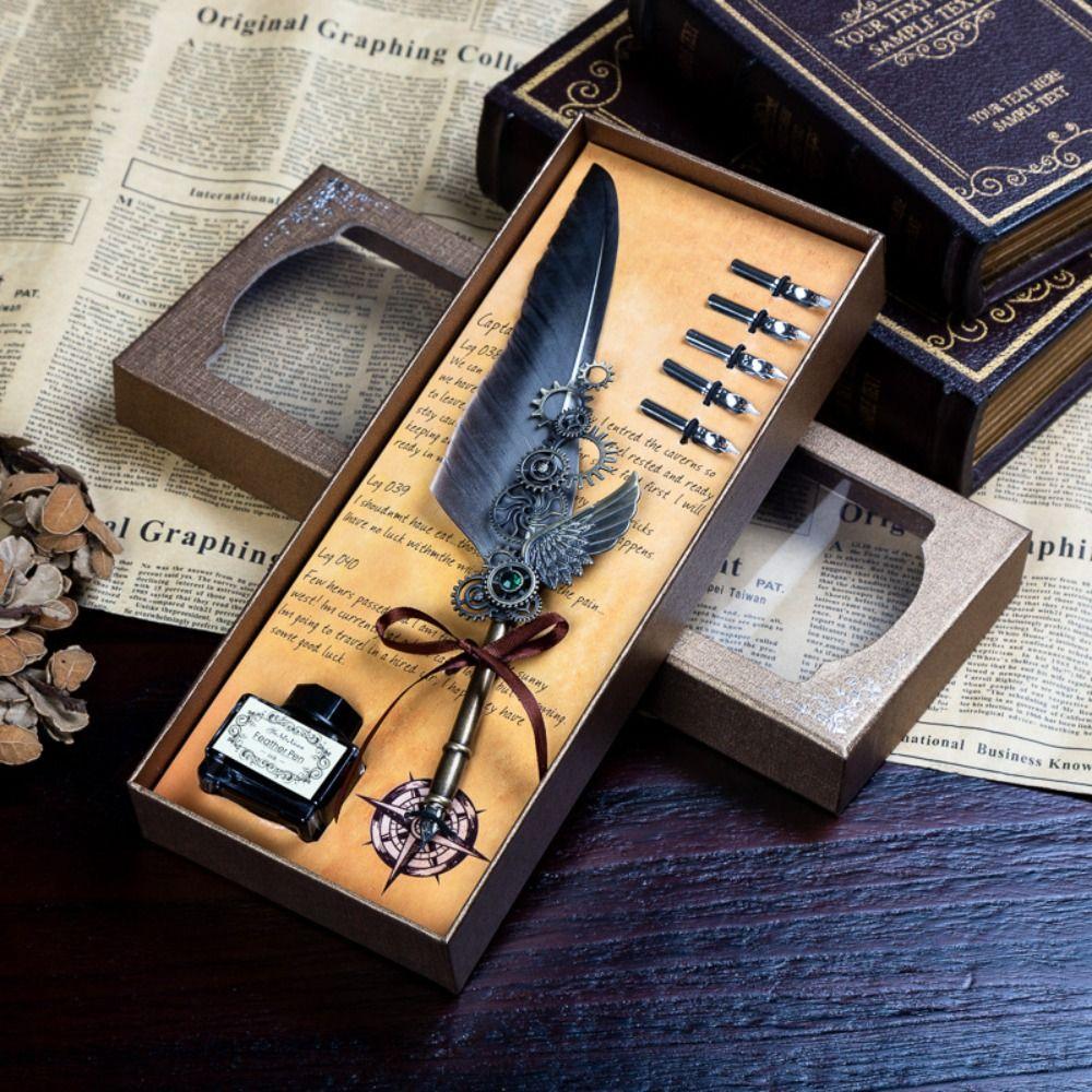 Boxed Dipped ink pen Quill Feather Dip Pen with 5 Nib Set Fountain Pen with Ink Calligraphy Pen