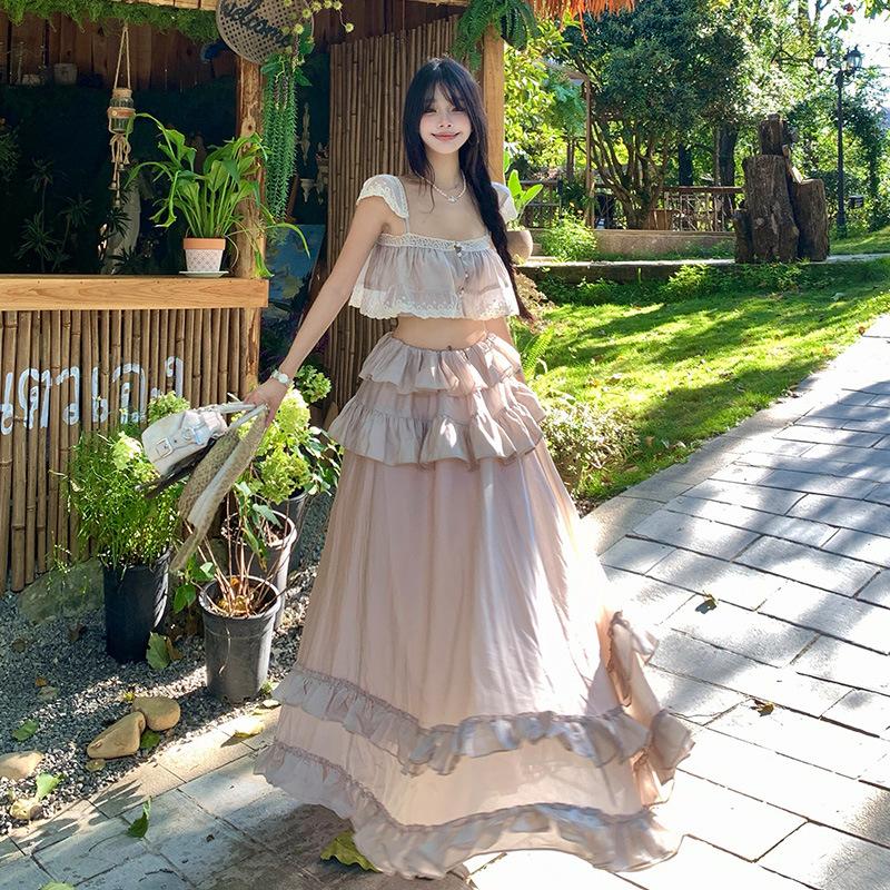 French beautiful island vacation ruffle edge split suspender dress super fairy princess style atmosphere set