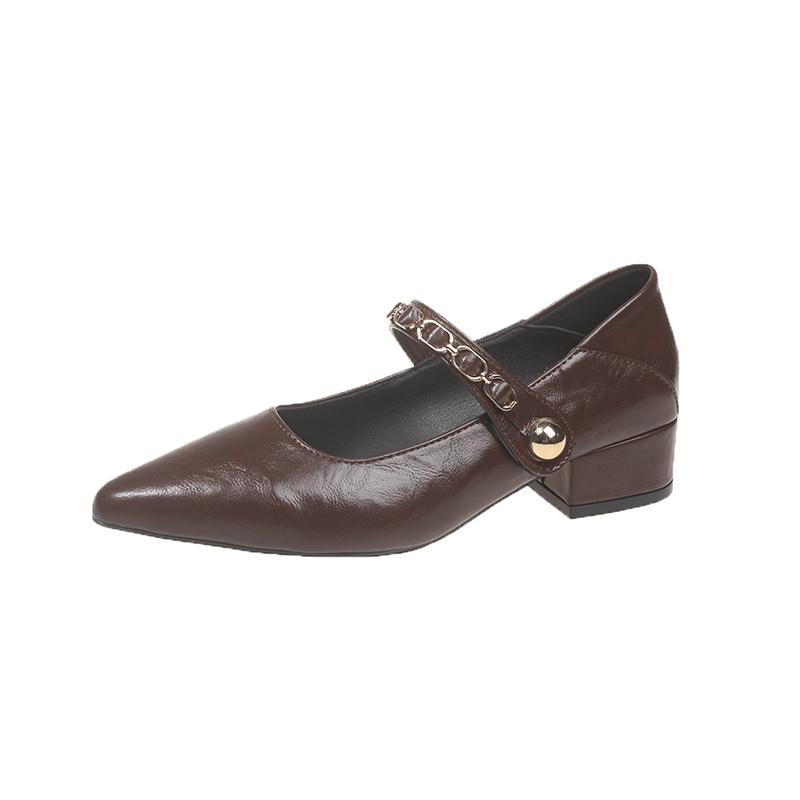 Fashion Autumn New Coarse Heel Shoes Women's Fashion Pointed Head Shallow Mouth Metal Line with Low Top Shoes