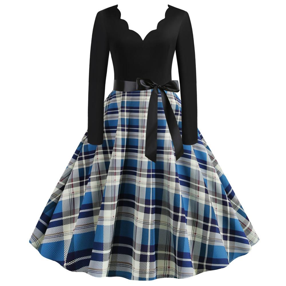 Women's Vintage Midi Dress Long Sleeve Printed Fit and Flare A Line Party Dress