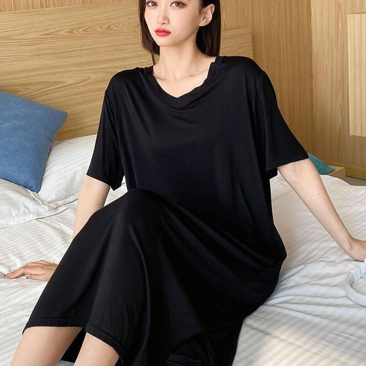 Extra Large Size Summer Loose Home Dress with Pocket Thin V-neck Short Sleeved Pajamas Solid Long Loungewear Plus Size 3XL