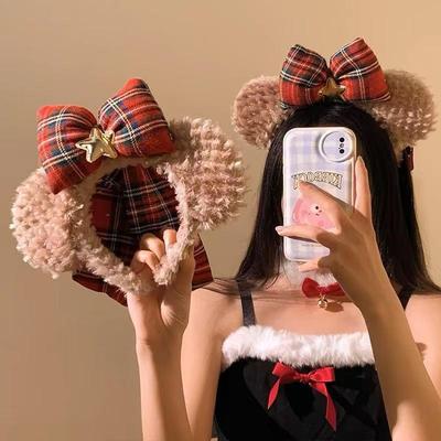 Diadema de Peluche Navideña Linda con Orejas de Oso para Mujer, para Maquillaje, Fotos y Parques de Atracciones