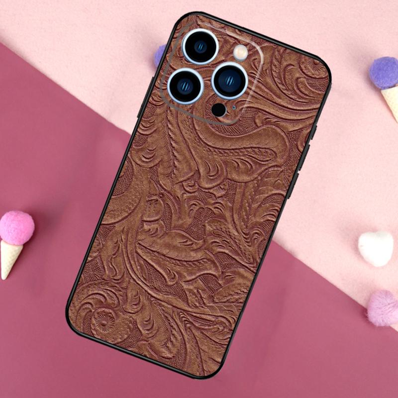 Brown Tooled Leather Pattern Case For iPhone 16e 16 15 Pro Max 11 12 13 Mini 14 15 Pro Max 15 Plus XR Phone Back Cover