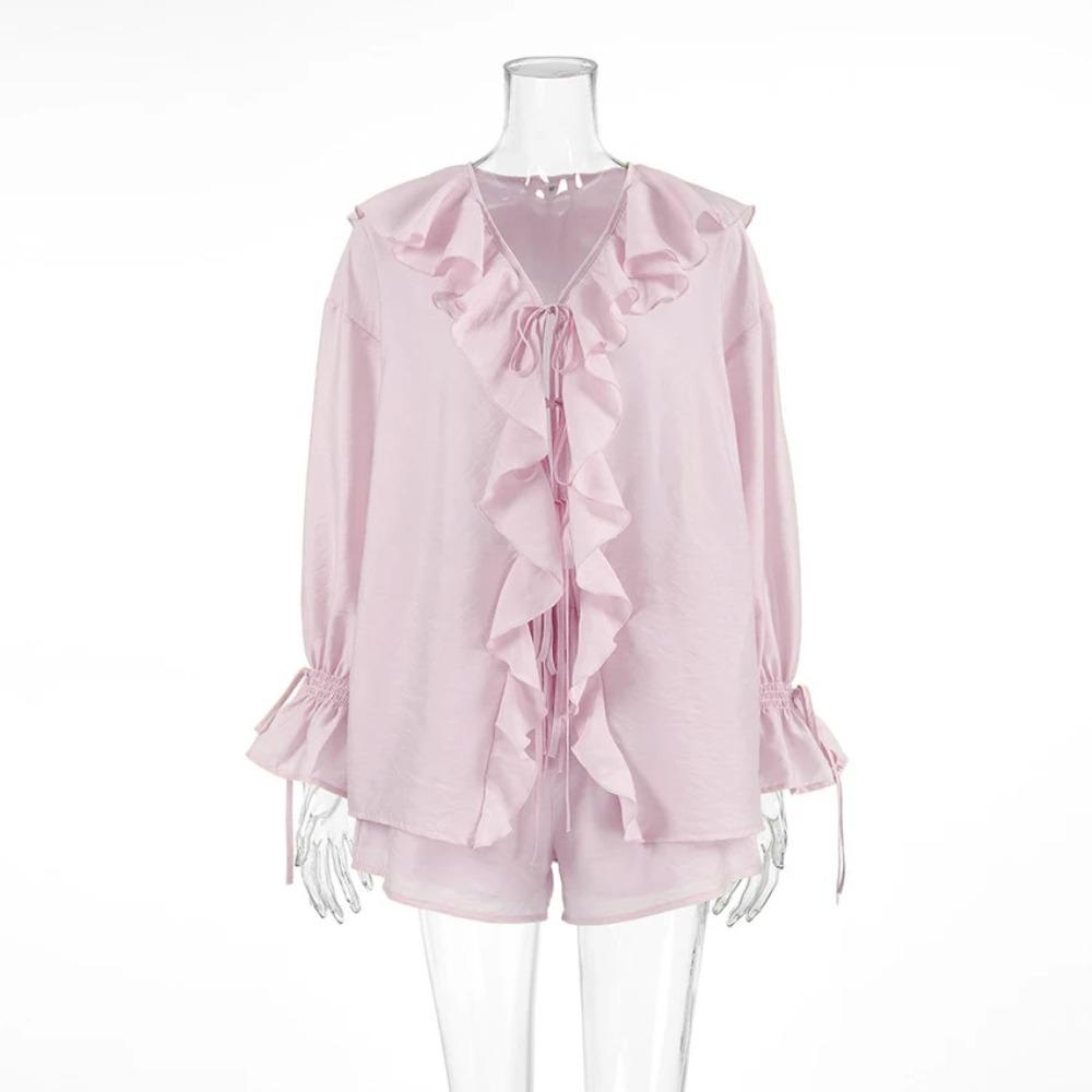 

VAYLA Новый повседневный комплект из двух предметов: женский топ с оборками свободного кроя на завязках и простой комплект шорт для офисной леди L