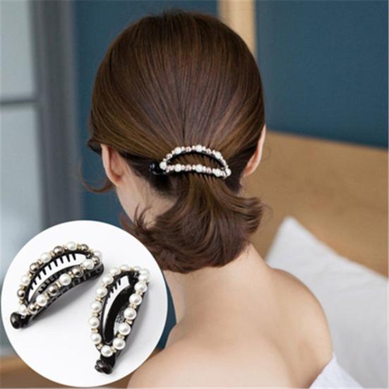 Women Hollow Geometric Oval Rhinestone Faux Pearl Hairpin Ponytail Hair Clip