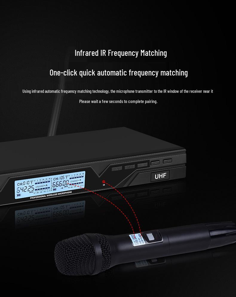 UHF Dual Metal Wireless Microphone with Adjustable Frequency and LCD Screen for Professional Entertainment Use