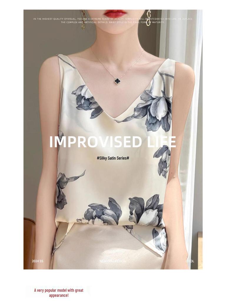 High-Quality Chinese-Style Satin V-Neck Camisole: Women's Sleeveless Summer Top