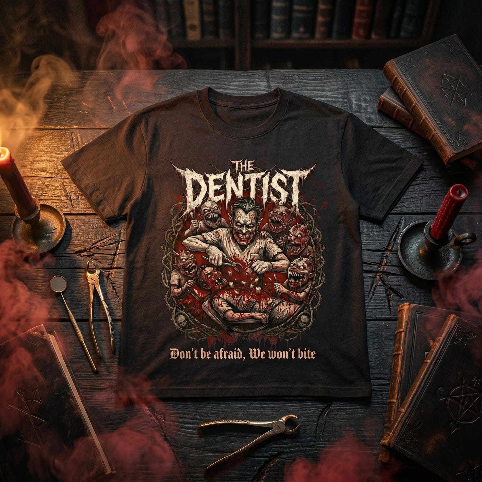 The Dentist Horror T-Shirt | Heavy Metal Graphic Tee | Gothic Dental Gift | Unisex Deathcore Graphic Shirt S