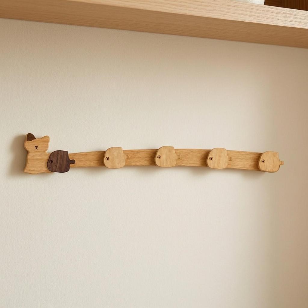 Cat-Shaped Wall-Mounted Coat Hook Rack Versatile Wooden Wall