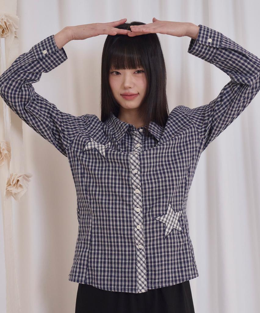 PRENDA Star Patch Check Long Sleeve Shirt Navy