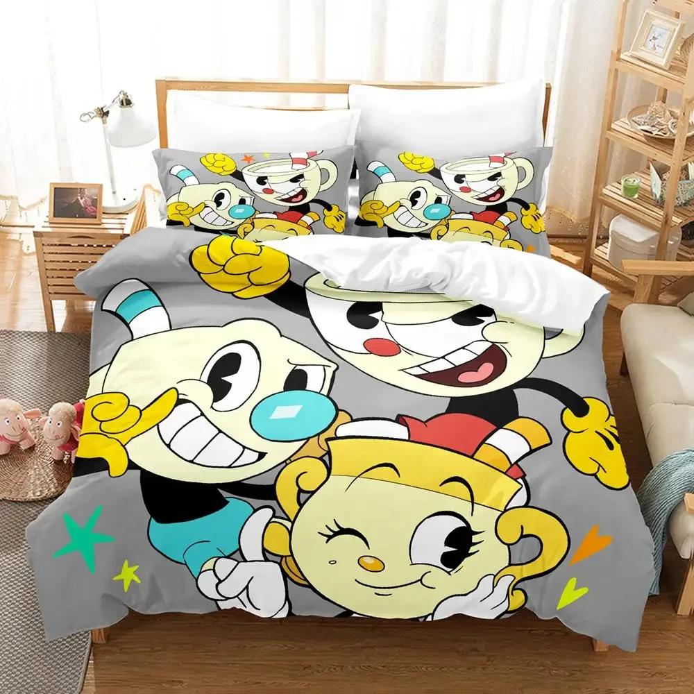 Anime Cuphead Mugman Bettwäscheset Jungen Mädchen Einzel- Queen-Size Bettbezug Kissenbezug Bett Kinder Erwachsene Mode Heimtextil
