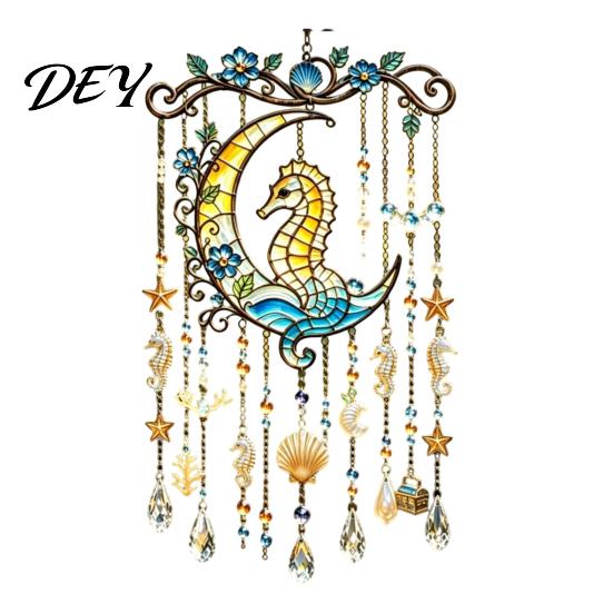 Stained Glass Style Suncatcher Ocean-Themed Crystal Wind Chime, Acrylic Jellyfish Seahorse Pufferfish Hanging Ocean Theme Chimes with Prism