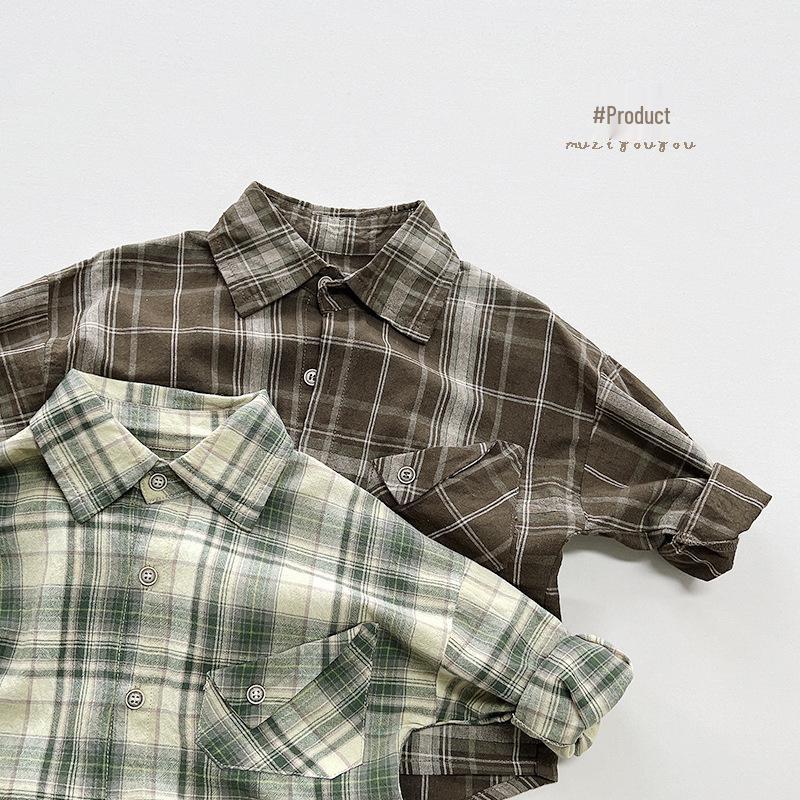 

2025 Spring/Autumn Korean-Japanese Retro Plaid Shirt for Boys & Girls 120cm