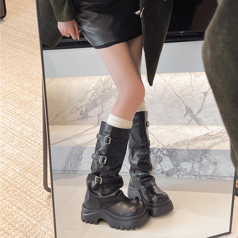 Fashion Vintage Height Increase Women Western Mid Calf Boots Fashion Belt Buckle Knight Booties Winter Shoes Zapatos De Mujer