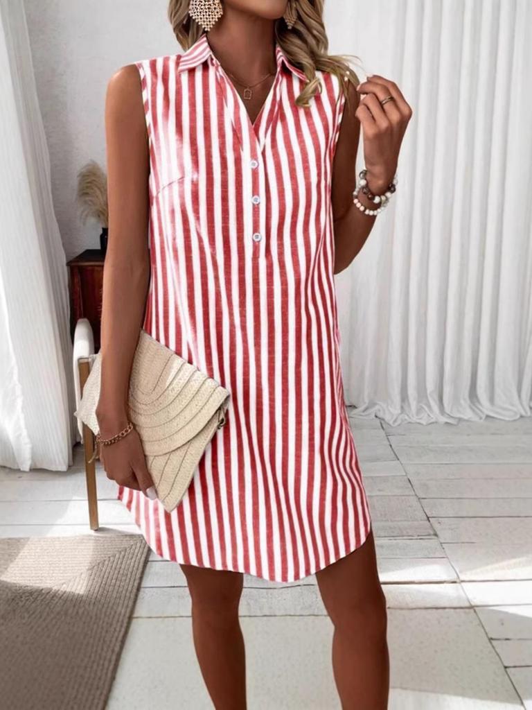 2026 Sleeveless Striped Button-Up Casual Women's Shirt Dress