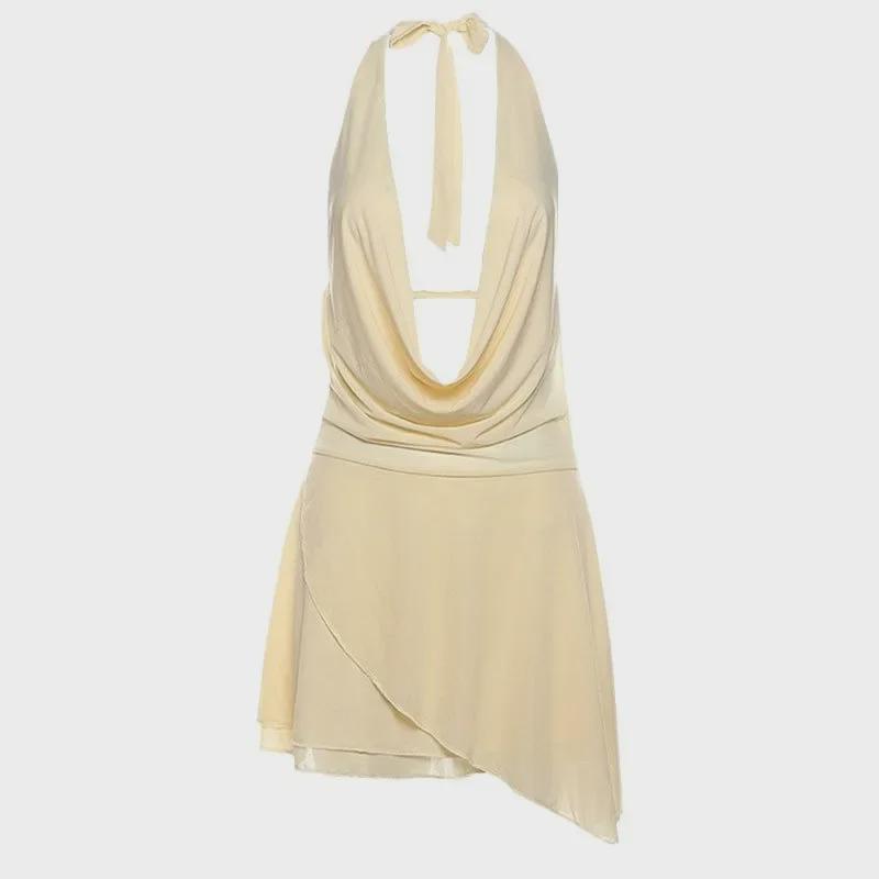 AC611 Sexy rückenfreies Neckholderkleid für Damen: 2024 Einfarbiger V-Ausschnitt Unregelmäßiges Design