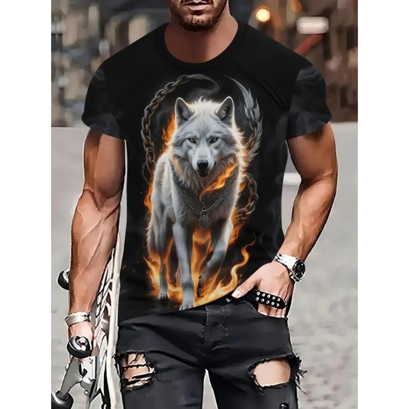 Fire Wolf Graphic 3D Print Men T-Shirt Summer Oversized Causal T-Shiet Men's Fashion Fitness Short Sleeve Clothing Tops Tees