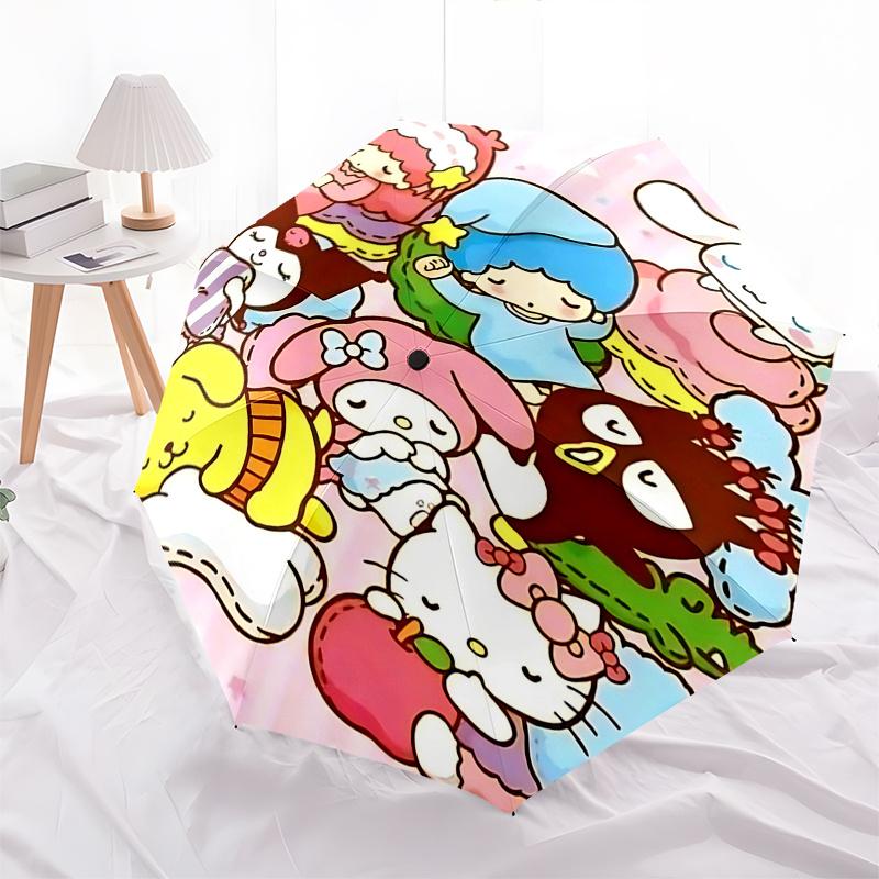 1pc Hello Kitty & Little Twin Stars Automatic Opening/Closing Umbrella - Portable Three-Fold Design with 8-Bone Iron Frame - Outdoor - Ideal Gift for