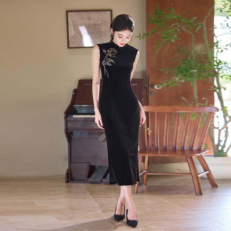 Embroidery Black Velvet New Chinese Suzhou Autumn Cheongsam Improved Young 1011 New Women's Premium Spring and Autumn
