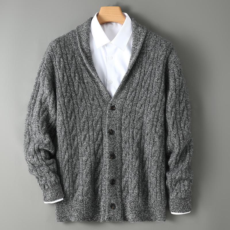 Мужской плотный шерстяной кардиган с косами - Верблюжий XXL