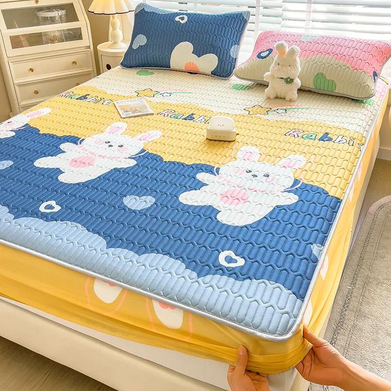 3Pc Summer Natural Latex Cooling Mat Set Cartoon Printed Fitted Sheet With Pillowcase Soft Non Slip Bedding With Elastic Band