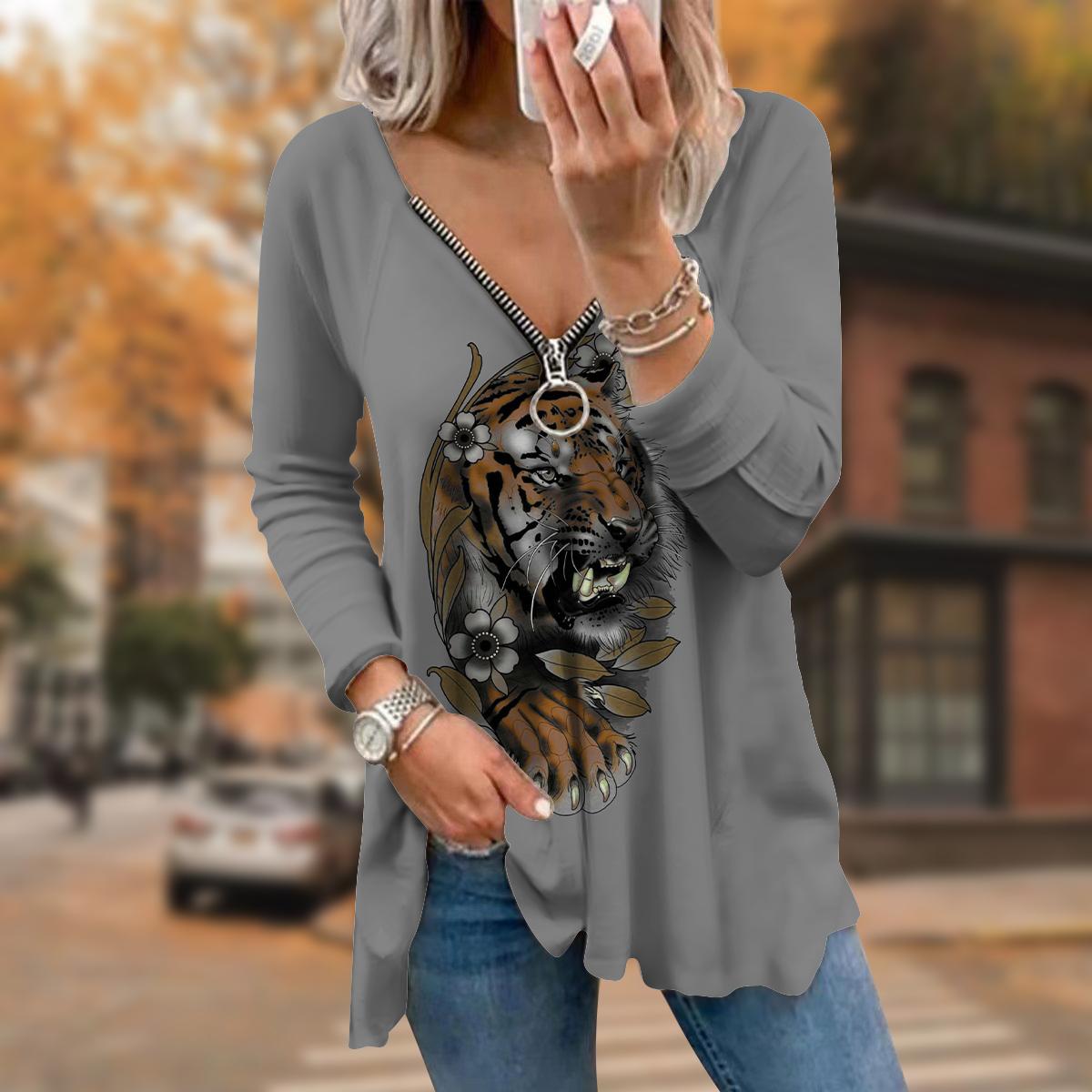 Женские футболки с длинным рукавом и принтом «Осенний цветок-тигр» — фото 6