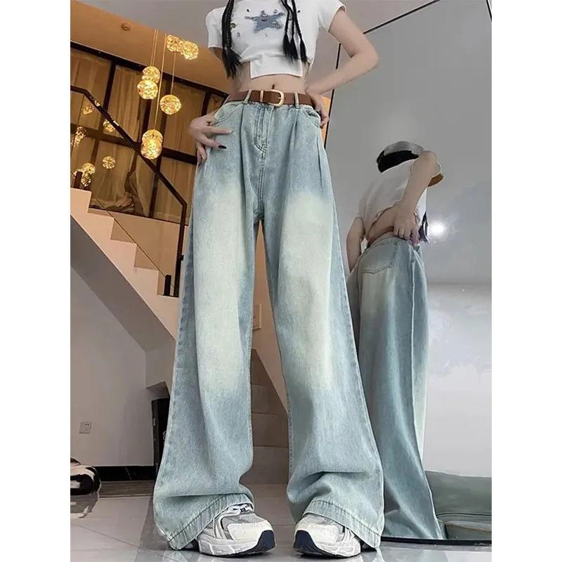 

Сине-серые джинсы клеш женские весенние новые с высокой талией прямые свободные нишевый дизайн брюки-швабры XL синий