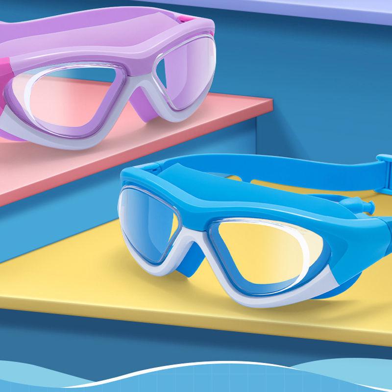 Kids' Waterproof & Anti-Fog HD Swim Goggles with Earplugs - Stylish Unisex Large Frame Diving Goggles